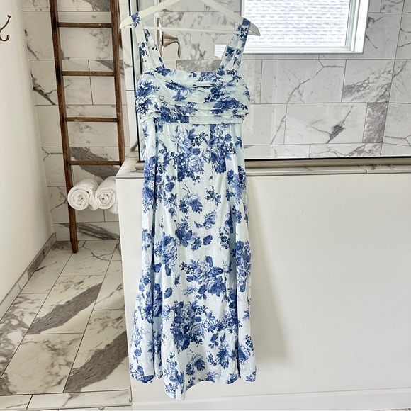 ABERCROMBIE Emerson Linen Floral Midi Dress Blue and White M ๐ - Picture 2 of 5